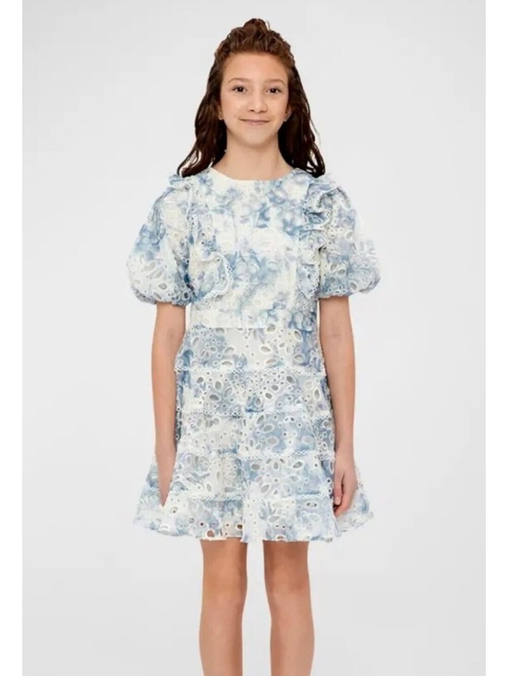 Bardot Junior Annika Blue Floral Mini Dress Girls Tiered Eyelet Ruffle